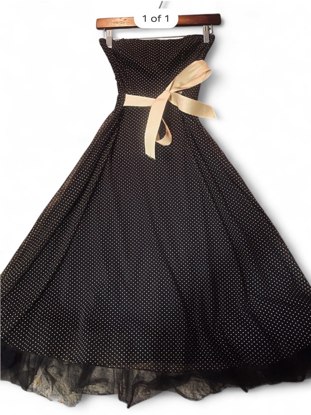 Vintage 50’s-Inspired Rockabilly Black Polka Dot Strapless Dress with Cream Bow